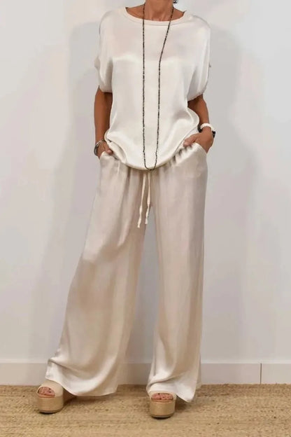 Women's Satin Pants 2 Piece Set Summer Breathe Loose Short Sleeve Top Wide Leg Pants Casual Outfit Office Lady Elagant Set