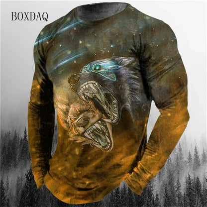 3d Animal Wolf Pattern Print Men's T-shirts Spring Autumn Long Sleeve Street Style Cotton Oversized Tops Loose Casual O-Neck Tee