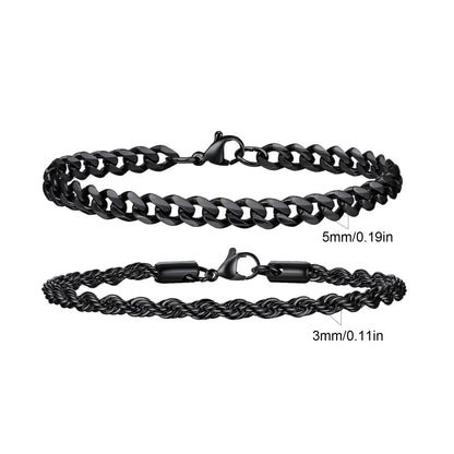 2pcs Men's Chain Bracelets, Stainless Steel Silver Gold Black Color