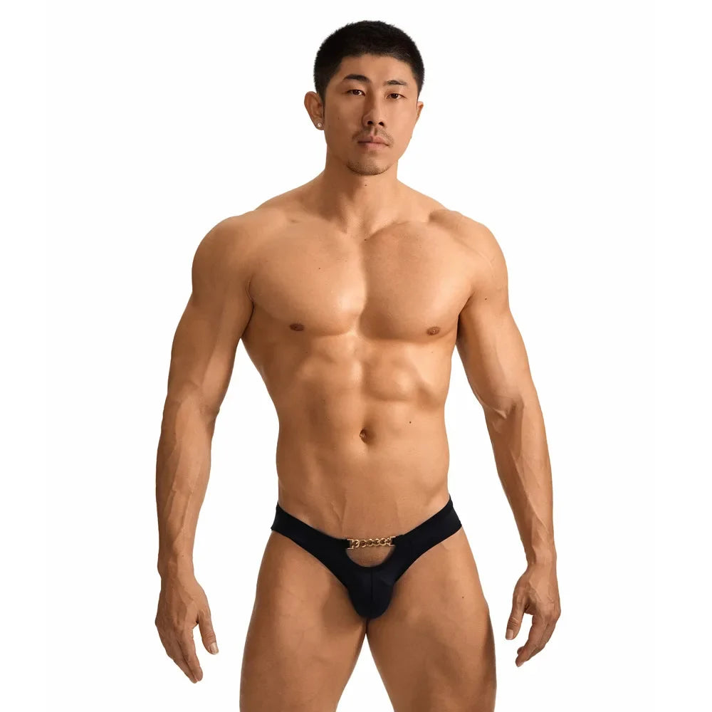 New personalized men's metal chain sweat-absorbing ice silk underwear, cross-border low-rise briefs GT502