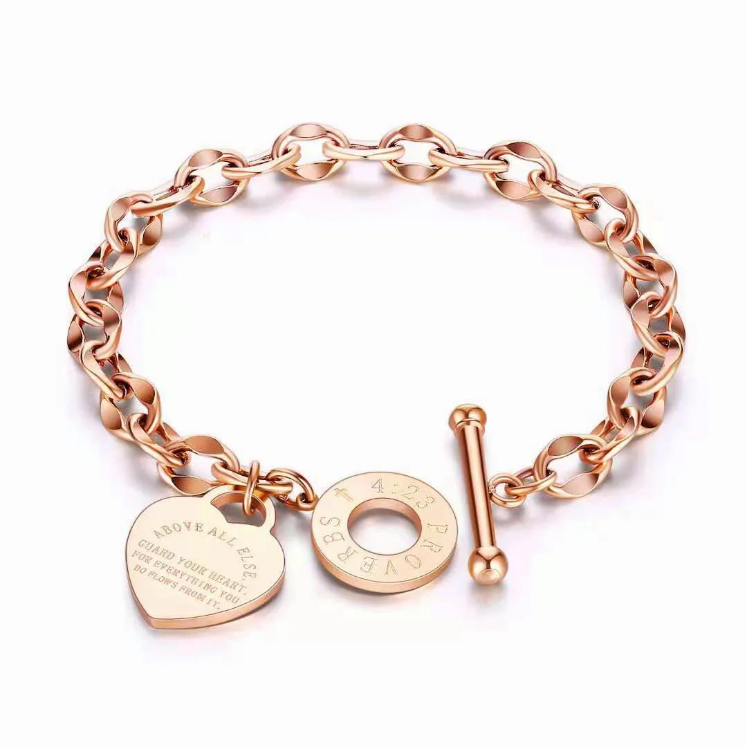 1pc Stainless Steel Bracelet with Heart Pendant, Double Heart OT