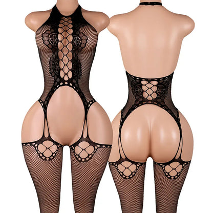 Ultra Hot Crotchless Lingerie Open Bra Erotic Costumes Transparent BodySuits Adults Hanging Neck Bodystockings Fishnet Underwear