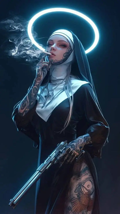 Sexy Tattoo Machine Gun Nun Poster Print Christian Smoking Nun Canvas Painting Living Room Background Wall Home Decoration