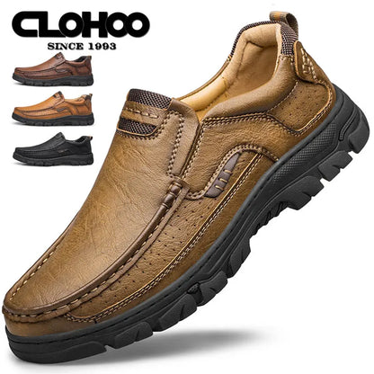 CLOHOOMen's Casual Loafers Handmade Breathable Leather Shoes with Thick Rubber Sole Comfortable Footwear Classic Hand Sewn Seams