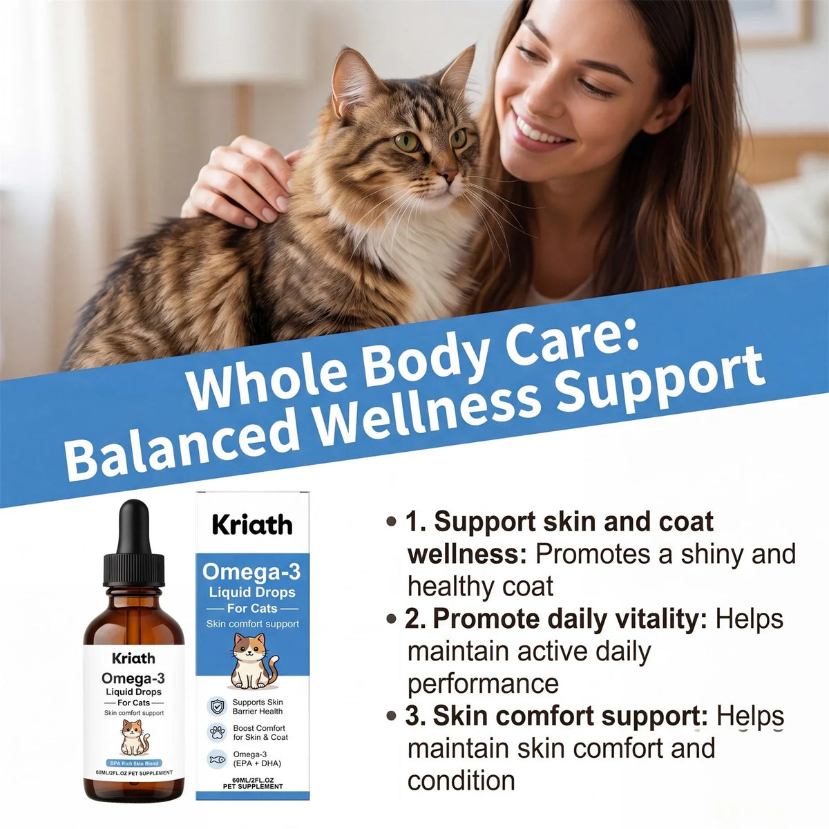 Kriath Omega-3 Liquid Drops for Cats, EPA & DHA Supplement, Nourish Skin & Coat, Reduce Shedding, Support Skin Barrier Health