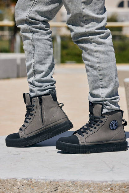 CALTO - S3423 - 2.4 Inches Taller (Grey) - Cap Toe High Top Zip-Up Sneaker Boots
