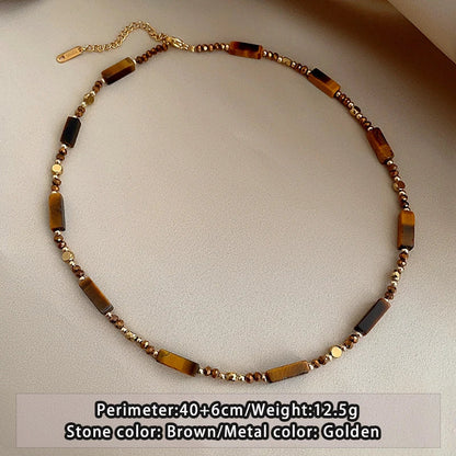Retro Temperament Layered Tiger Eye Stone Pendant Necklace For Women Stainless Steel Double-Layer Collarbone Chain Sets Jewelry