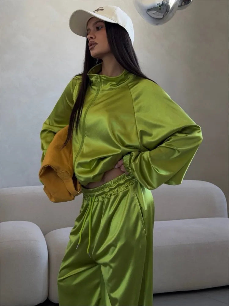 2026spring Autumn New Satin Women's Sports Suit Fashion Zipper Long