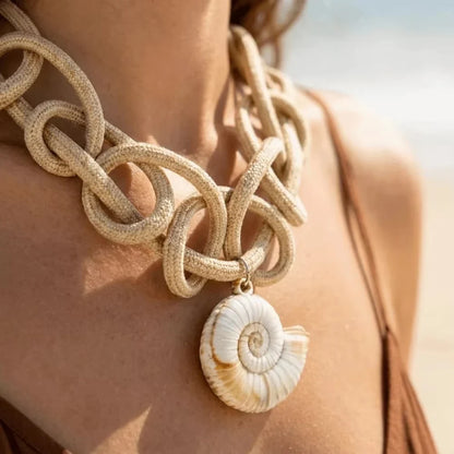 FTCY Bohemian Khaki Woven Thick Rope Necklace For Women Chunky Conch Pendant Choker Daily Wear on Summer Beaches