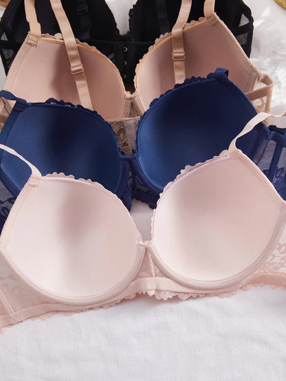4PCS Plus Size Lace Women's Underwear Set Underwire Push Up Bra Rhinestone Bow Comfort B C D Thin Cup Bras Women