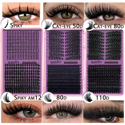 QUEENICE Three Fold Updated New DIY False Eyelash Extension 6 Mixed Styles Fluffy Voluminous Cat eye Spiky lash extensions