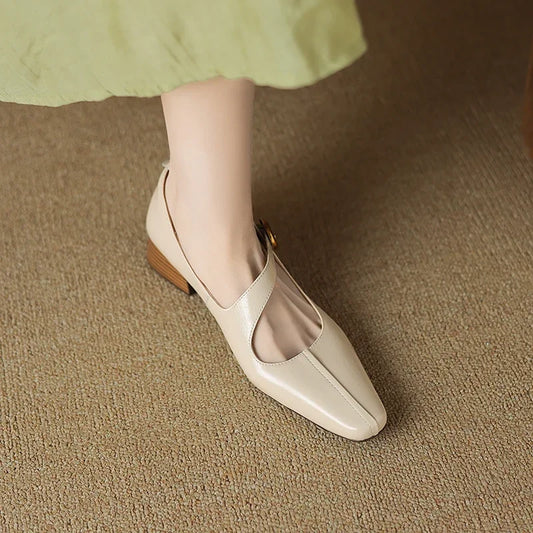 2026 New Spring Women Pumps Square Toe Chunky Heel Genuine Leather Women Shoes Shallow Metal Buckle Strap Mary Janes Ladies