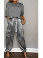 Women's Summer Fashion Solid Satin Two Piece Set Women O Neck Long Sleeved Top Long Pants Casual Loose 2 Piece Set Women Clothes