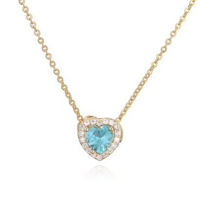 HECHENG Luxury Colored Crystal Heart Pendant Ocean Heart Necklace Brass Golden Plated Material Women's Wedding Necklace