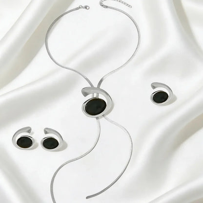 Elegant French Spiral Black Resin Stone /Imitation Baroque Pearl Jewelry Set Women Herringbone Chain Necklace Earrings Ring