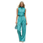 Elegant Sleeveless 2 Piece Sets Sleeveless Shirt Two Piece Outfit Stand Collar Pocket Blouse High Waisted Wide Leg Pants Sets