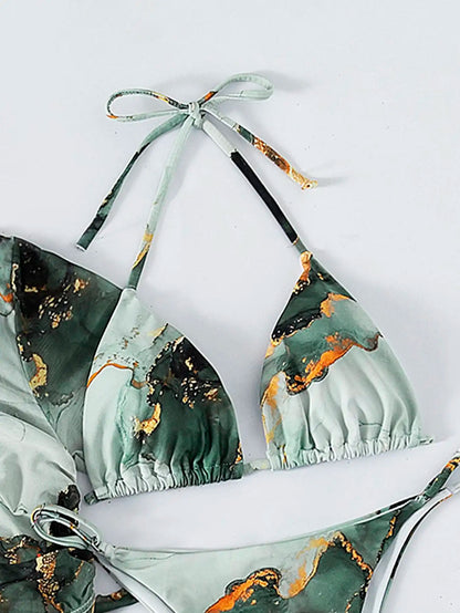 Marble Print 4-Piece Halter Bikini Set