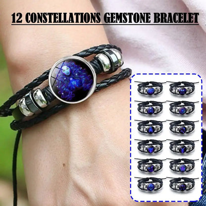 12 Constellation Gem Leather Bracelet Men Women Glass Bracelet