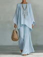 Women's Elegant Loose Round Neck Top Wide Leg Pants Set Casual Simple Long Sleeve Solid Color Two-Piece Set
