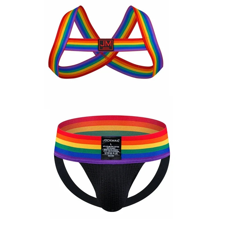 Sexy Mens Harness Underwear Sets Gay Underwear Lingerie Bondage Belts Fetish Mens Jockstrap Thong Rainbow Pattern for LGBTQ