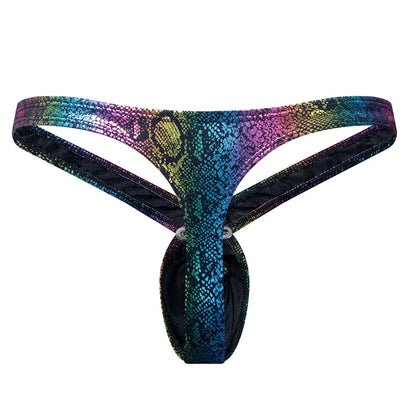 Snake-print Men PU Faux Leather Underpants Thong G String Sexy Underwear Lingerie Panties Low Waist Penis Pouch T-back Hombre