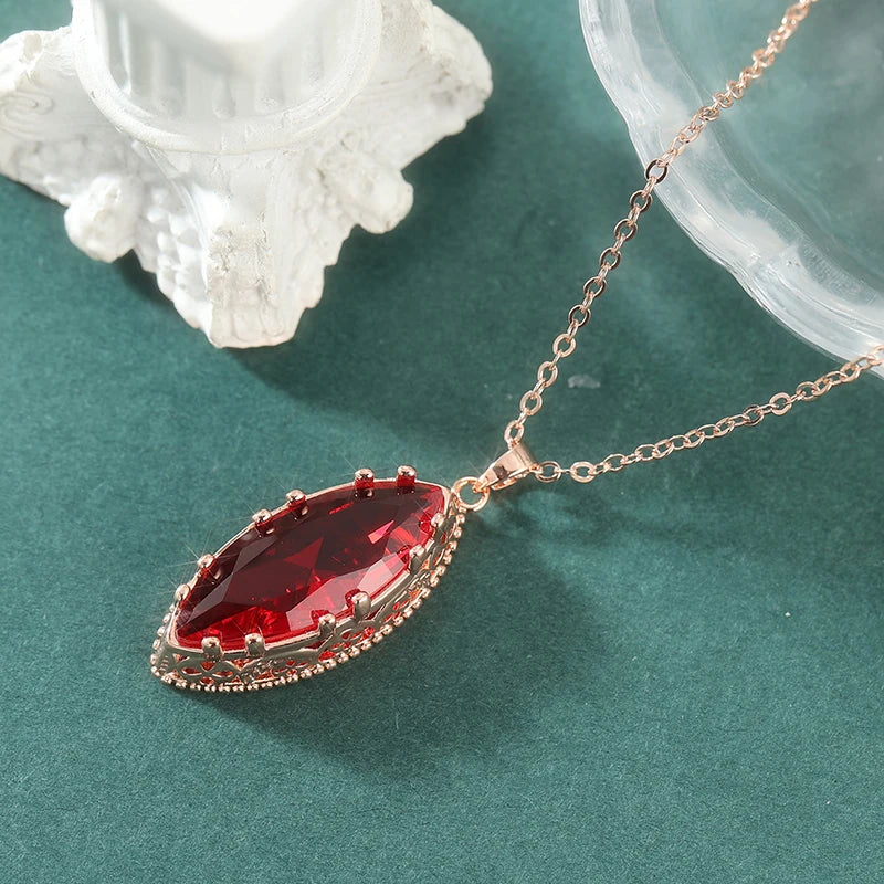 Elegant Luxury Leaf Shape Red Synthetic Zirconia Dangle Necklace for Women Fashion Charm Rose Golden Banquet Anniversary Jewelry