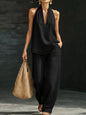 Women's Solid Color Denim 2 Piece Set Halter V-Neck Sleeveless Top High Waist Wide Leg Jeans Casual Vacation & Streetwear Outfit