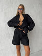 Bornladies Women's Cotton Casual Shorts Set Solid Color Lapel Long Sleeve Shirt Elastic Waist Shorts Outfit Daily Vacation Wear