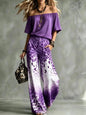 Summer Women Off Shoulder Short Sleeve Top Gradient Leopard Print Wide Leg Pants Two Piece Boho Casual Fashion Matching Suit New