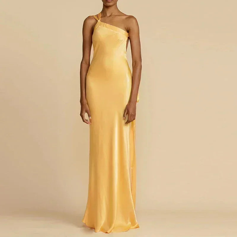 2024 Spring Sexy Inclined Shoulder Party Dress Women High Waist Satin Boho Long Dress Summer Backless Hollow Bandage Maxi Dress