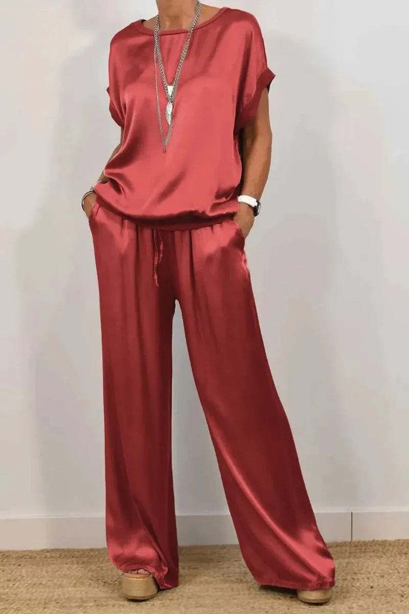 Casual Loose Satin T Shirt Pants Two Piece Sets Women Fashion O-Neck