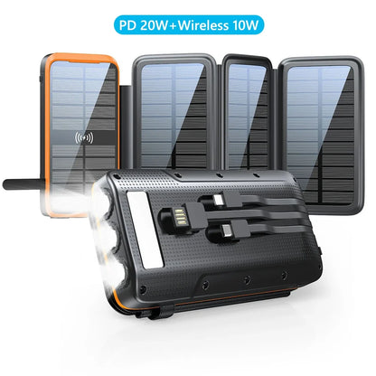 43800mAh Solar Power Bank Quick Wireless Charger External Battery Pack PD 20W Powerbank Built Cables LED Light for iPhone Xiaomi