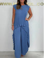 Summer Solid Casual Holiday Two Piece Sets Elegant Women Pleated Irregular O Neck Sleeveless Top + Wide-leg Pants Loose Outfits