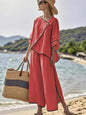 Women Loose Striped Print Split Wide Legs Pants Two Piece Sets Spring Elegant Slanted Short Sleeves Set Office Ladies 2Piece Set