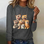 Womens Cat Print Loose T-Shirt Animal Print Long Sleeve Shirt Fashion Clothing 2024 Ladies Cute Print Long Sleeve