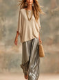 Fashion Women Trousers Suits Loose Round Neck Batwing Sleeve Knit T-shirt with Satin Wide-leg Pants Autumn Elegant Two Piece Set