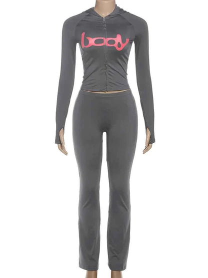 Letter Print Hooded Tracksuit Set for Women