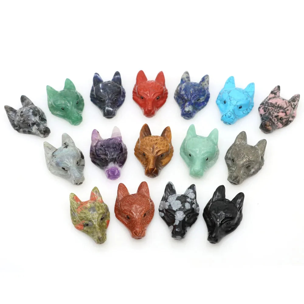 1.5" Wolf Head Stone Pendant Natural Healing Crystals Hand Carved Wolves Animal Statue Figurine Gems for Jewelry Making Necklace