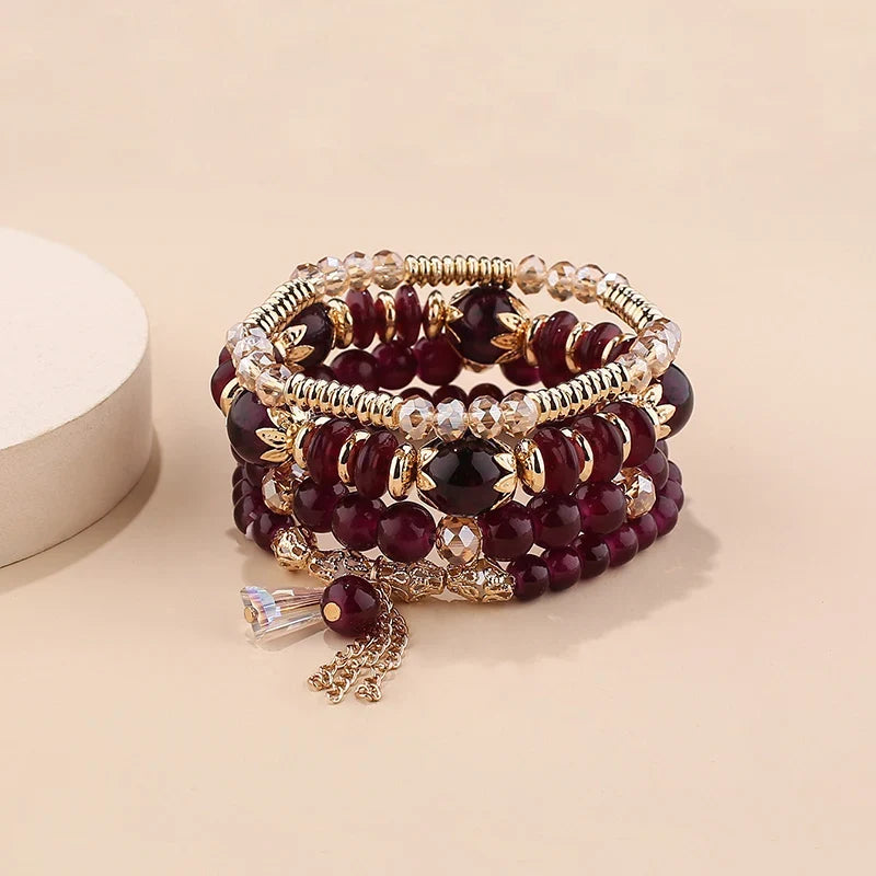 4Pcs Bohemian Women Pink Tassel Bracelet Set For Female I Love You Feather Round Charm Beads Chain Bangle Fashion Party Jewelry
