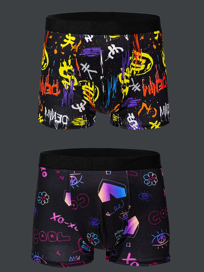 5-pcs Men's trendy graffiti, pixel, cyberpunk print boxer underwear, comfortable and casual and fashionable boxer