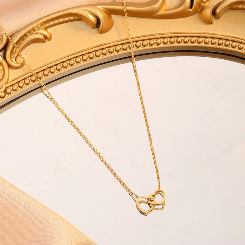 Romantic Double Heart Pendant Necklaces for Women Stainless Steel Charm Choker Necklace Gold Color Wedding Fashion Jewelry