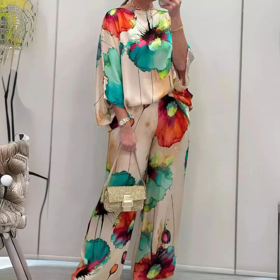 Casual Sets for Women 2 Pieces Summer Fashion Printed Satin Two Piece