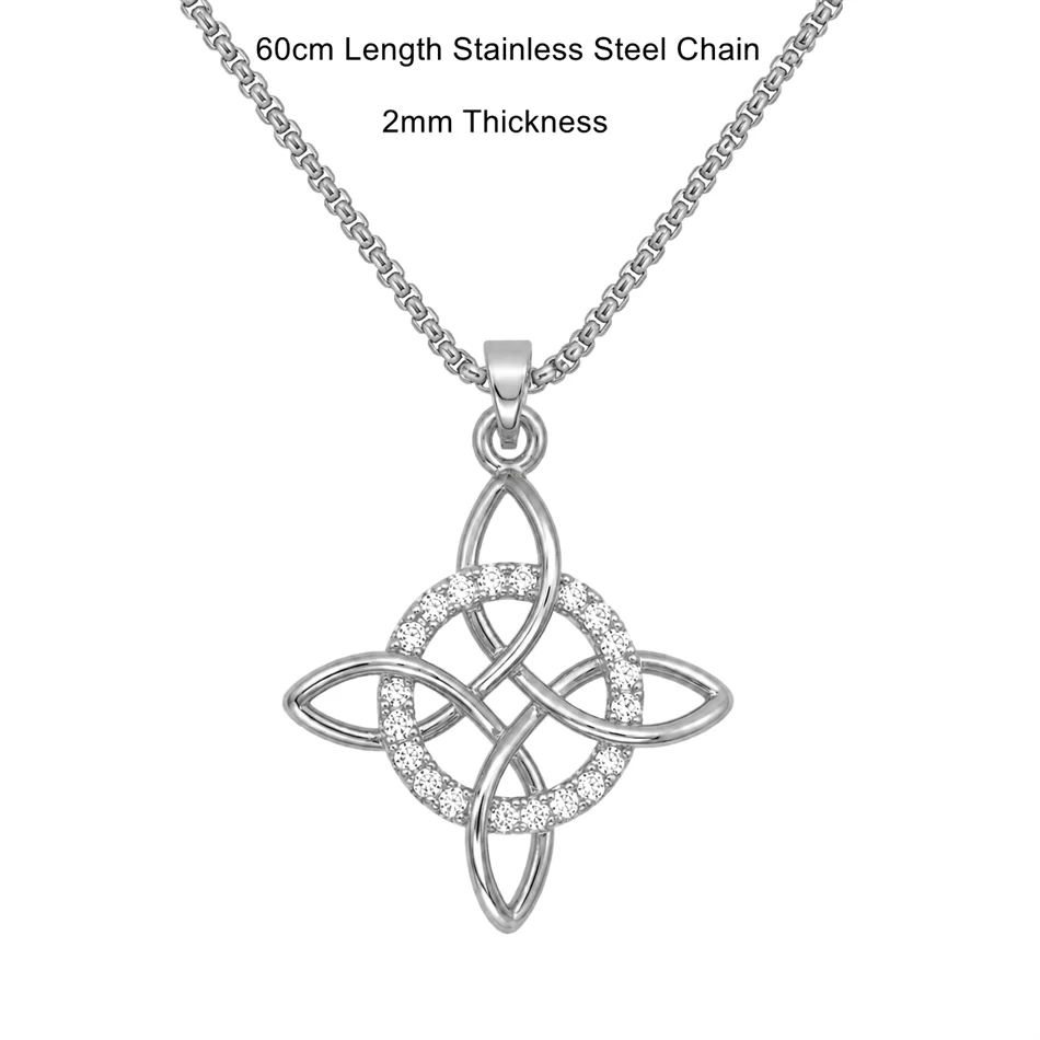 Witch Knot Pendant Necklace Stainless Steel Chain CZ Celtic 4 Elements Protection Amulet Retro Wiccan Gothic Women Men Jewelry