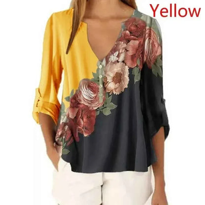 Summer Floral V-Neck 3/4 Sleeve Loose T-Shirt