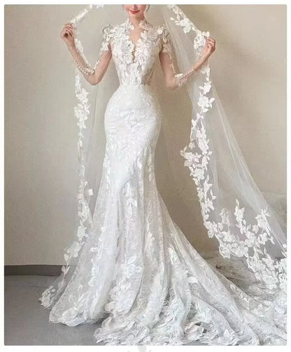 Customized Romantic Appliques Mermaid Wedding Dress Long Sleeves V-neck Backless Bridal Dresses Wedding Party Dress No veil