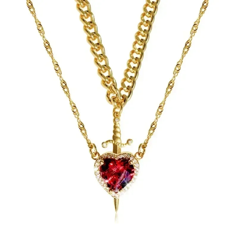 Heart and Sword Necklace Set of 2 - 18K Gold Plated STAINLESS STEEL Crystal Couple Necklaces for Women Men Boyfriend Girlfriend