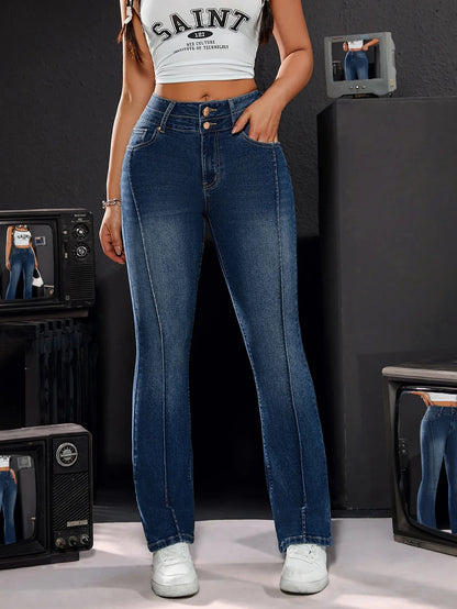Women's High-Waisted Stretch Denim Trousers Double Button Detail Comfortable Fit Straight Leg Jeans