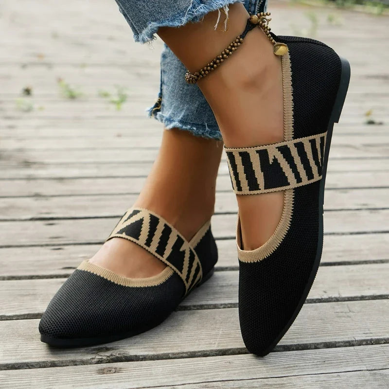 Women Ballet Flats Knitted Casual Shoes Low Heel Elegant Woman Sneakers Pointed Toe Shallow Loafers Vintage Slip on Women Shoes