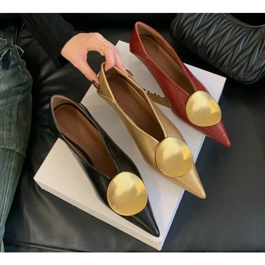 New Designer Pointed Toe Women High Heel Shoes Fashion Gold Metal Shallow Slip on Single Shoes Thin Low Heel Dress Pumps