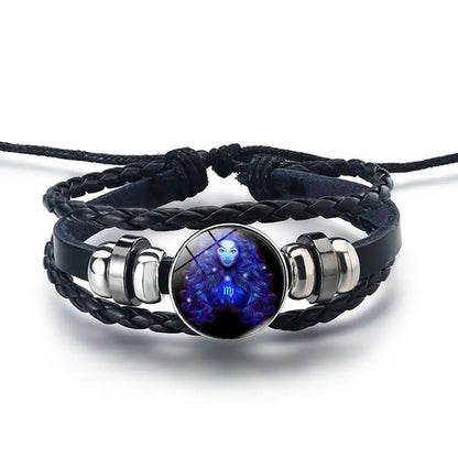 12 Constellation Gem Leather Bracelet Men Women Glass Bracelet